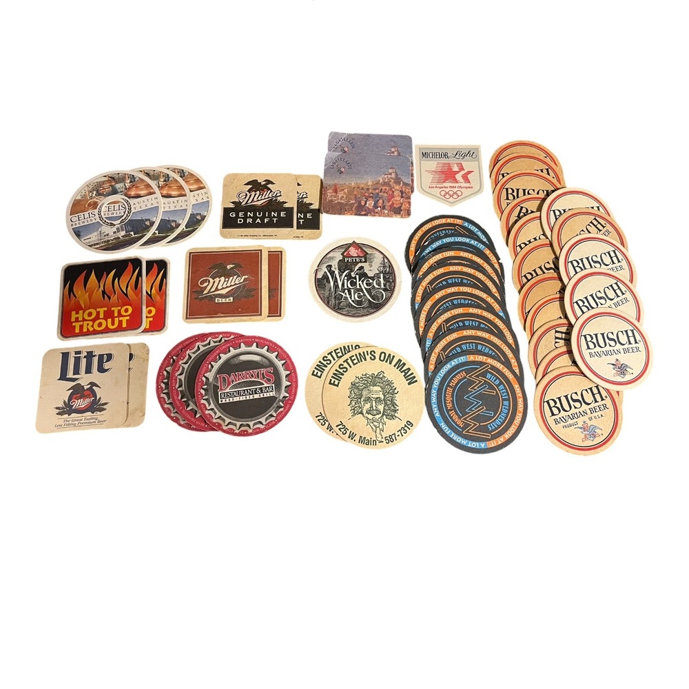 Vintage Beer Coaster Lot 44pc Busch Miller Lite Celis 1984 Olympics Breweriana